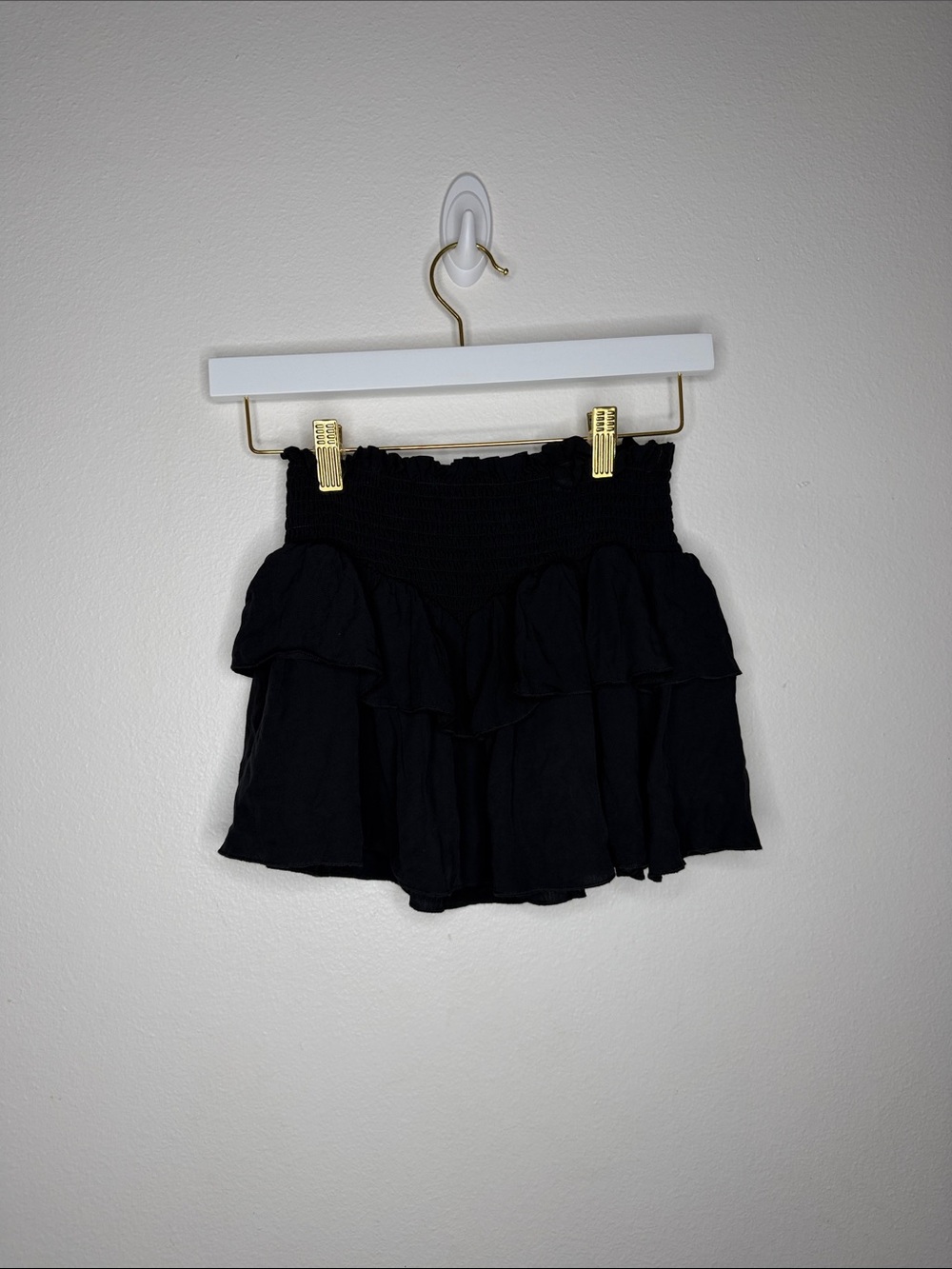 Katie J NYC Black Smocked Ruffle Mini Skirt